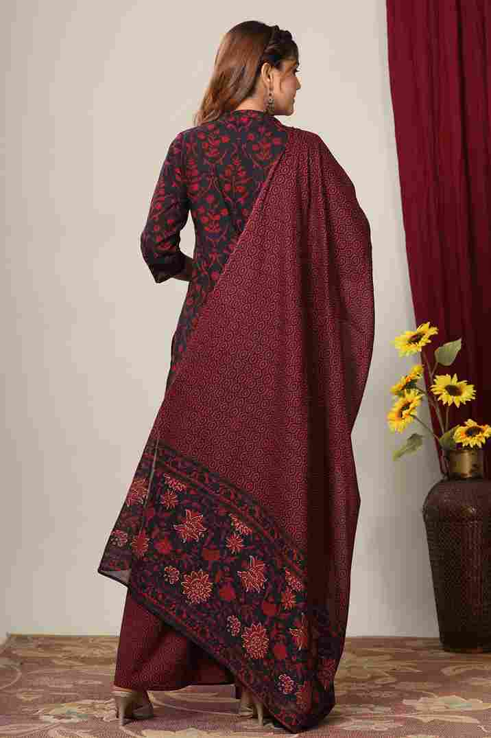 Maroon Floral Cotton Straight Kurta with Sharara & Dupatta Set